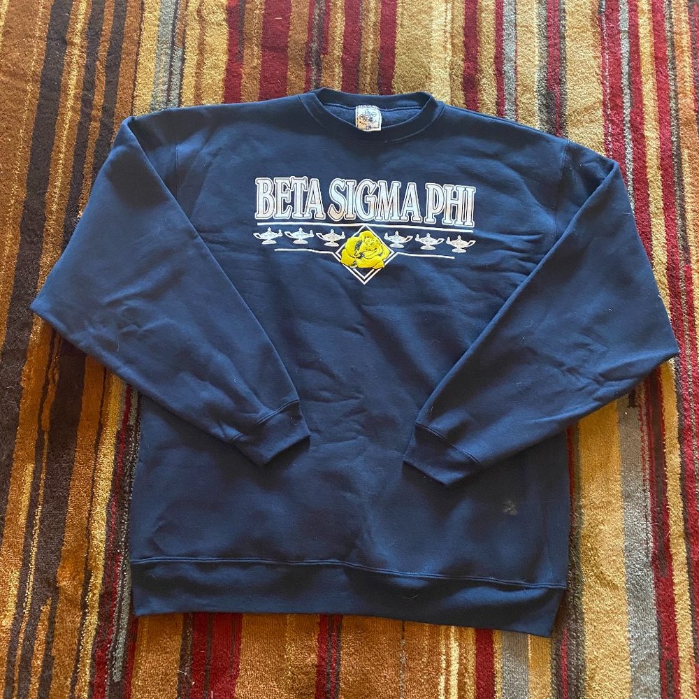 Vintage 90s / 80s Beta Sigma Phi Sorority Blue Crewneck Pullover Sweatshirt - XL
